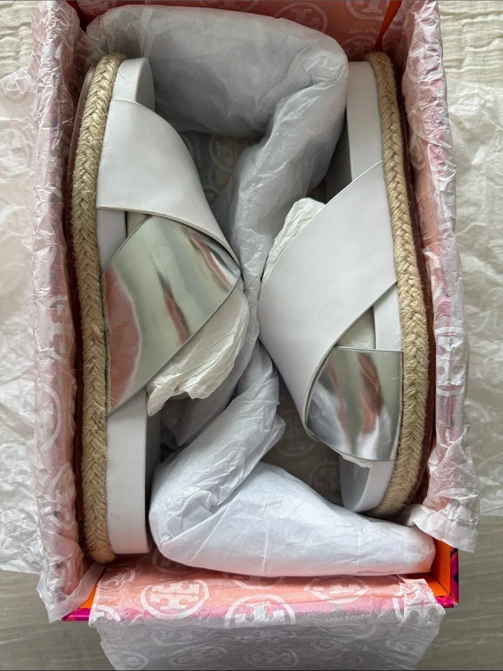 Tory Burch Monterey 2 Tone Espadrille Slide - White/Silver, Size 8